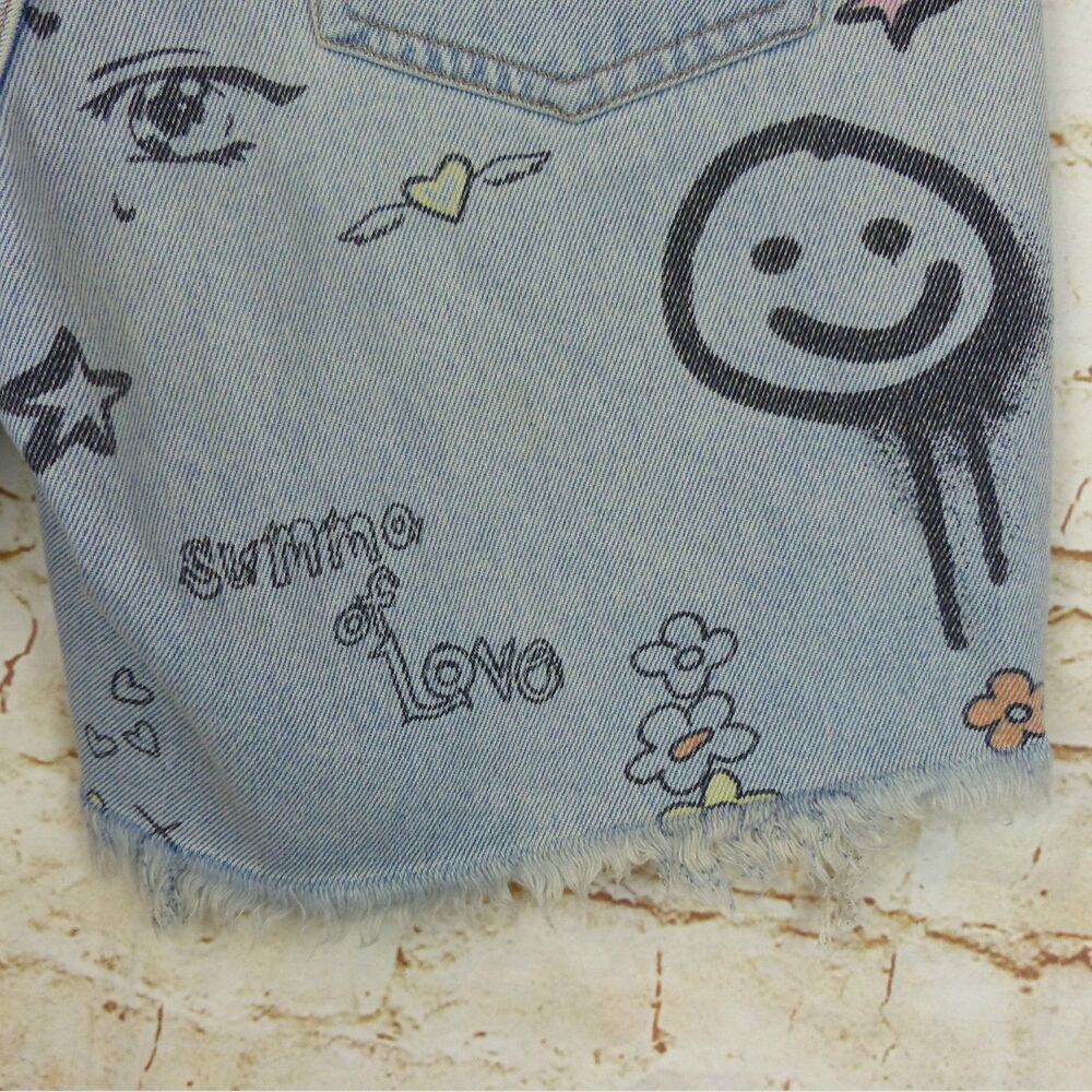 Wild Fable Denim Shorts Women 0 Doodle Print Bermuda Distressed High Rise Grunge - Picture 11 of 14